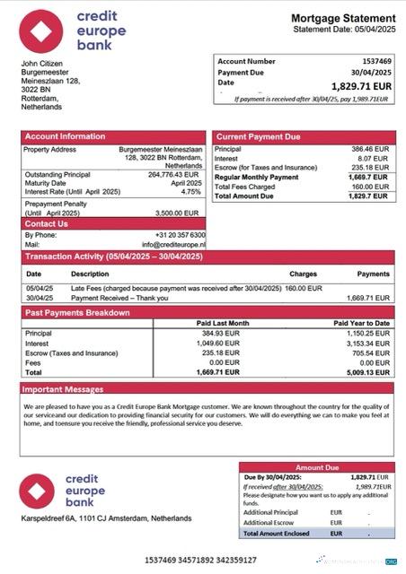 Download Netherlands Credit Europe Bank mortgage statement Word and PDF template Photoshop template